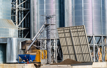 Granary agricultural silos. Industrial outdoor containers.