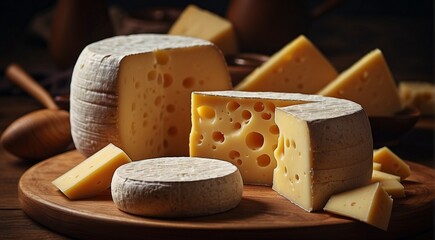 delicious cheese on background, yellow cheese on the table, cuted cheese on cool background, sliced cheese on table - obrazy, fototapety, plakaty