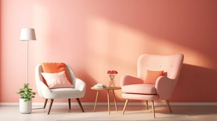 Fotobehang Pantone 2024 Peach Fuzz Interior design total in color PANTONE 13-1023 , Peach Fuzz . Minimalistic living room design. Color of the year 2024 . Mockup background with copy space