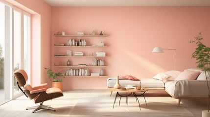 Interior design total in color PANTONE 13-1023 , Peach Fuzz . Minimalistic bedroom design. Color of the year 2024 . Mockup background with copy space