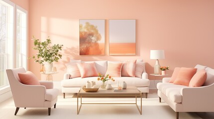 Interior design total in color PANTONE 13-1023 , Peach Fuzz . Minimalistic living room design. Color of the year 2024 . Mockup background with copy space