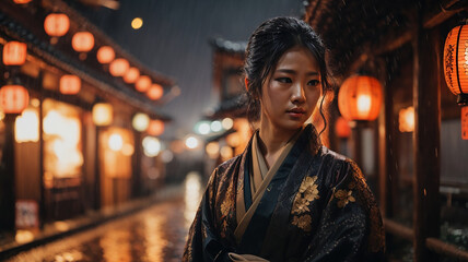 Japan, rain, night, autumn, fantasy, ancient environment, line art style, fire, demons, intricate...