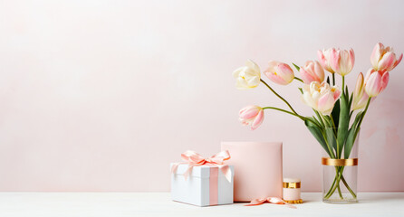 Spring composition with bouquet of pink white tulips and gift boxes on a pastel background - obrazy, fototapety, plakaty