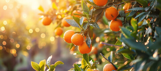 Fresh ripe oranges hanging from tree branches panorama