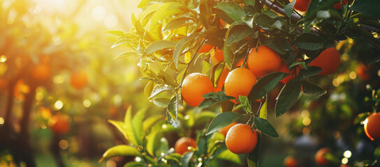 Fresh ripe oranges hanging from tree branches panorama - obrazy, fototapety, plakaty