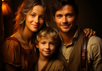 Family portrait at sunset. A man, woman and child are posing for a picture