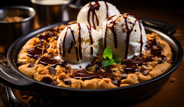 Chocolate chip cookie pie in a skillet. Two scoops of ice cream are in a skillet