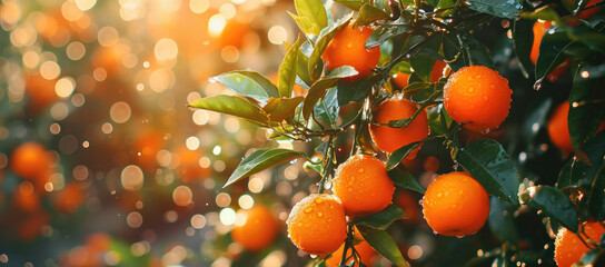 Fresh ripe oranges hanging from tree branches panorama