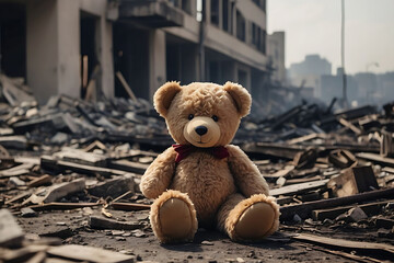 Kids teddy bear toy over city burned destruction of an aftermath, earthquake or fire against children peace innocence as copyspace banner - Powered by Adobe