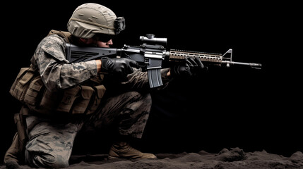 a soldier in military uniform holding a gun - obrazy, fototapety, plakaty