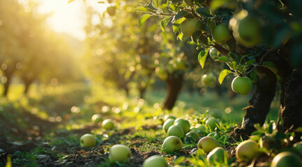 Young orchard with green apples on branches in sunlight panorama