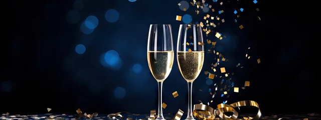Foto op Plexiglas Banner with two glasses of champagne on dark blue background with lights bokeh, glitter and sparks. Christmas celebration concept with space for text  © ratatosk