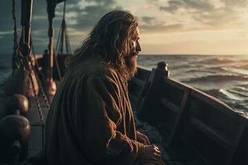 Jesus Christ on the sea is calling to follow him fishermen. Generative AI - obrazy, fototapety, plakaty