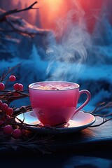 Hot cranberry winter drink in glass cup. Fruit and berry red tea with fresh blueberries and...