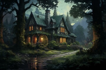 Fototapeta na wymiar Painting of a charming farmhouse nestled in a verdant forest. Generative AI