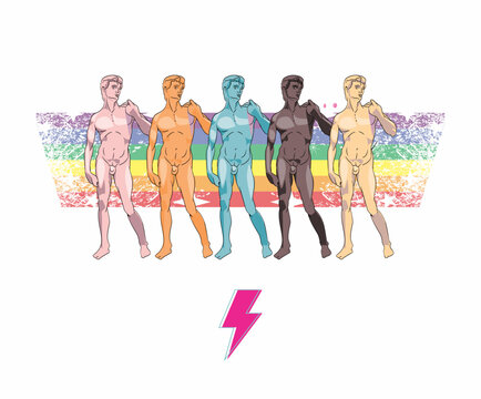 T-shirt design of five young naked men with different skin colors over a rainbow and thunderbolt symbol. Michelangelo's David repeated in pop art style. Gay pride.