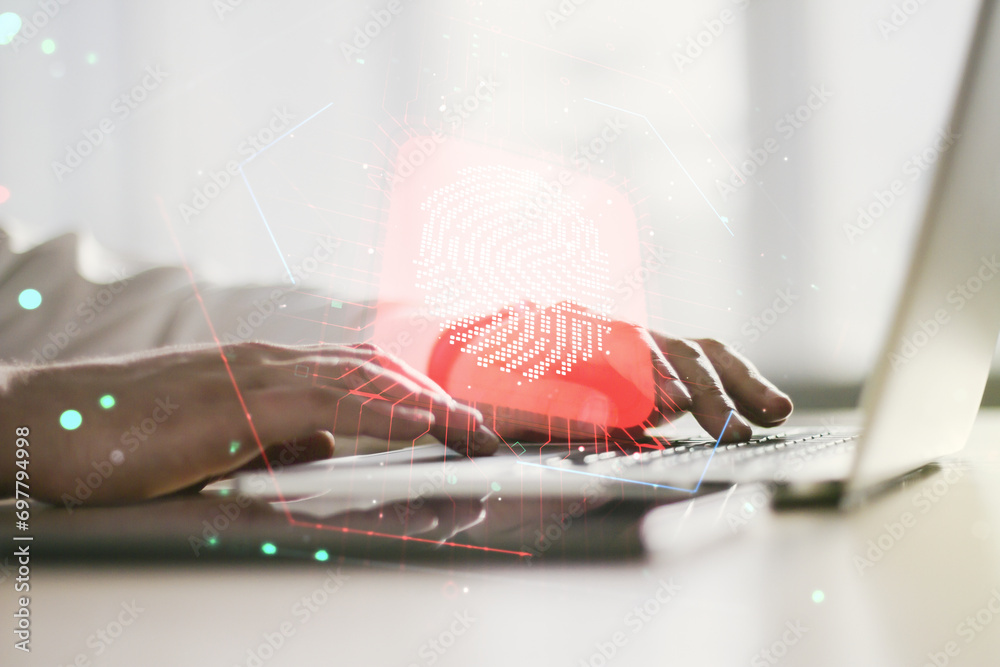 Poster double exposure of abstract creative fingerprint hologram with hands typing on laptop on background,