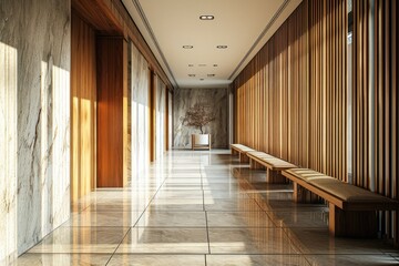 Modern Luxury: Stone and Wood Paneling in Minimalist Hallway Entrance