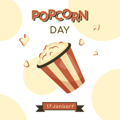 National Popcorn day. Festive banner in retro style. Vintage old background with text, greeting ribbon, traditional American food. Full popcorn bucket. Tasty kids dish. Vector illustration
