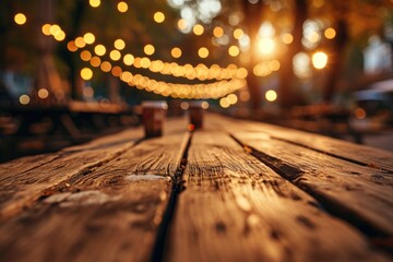 Radiant Autumn Beer Garden: A Golden Glow With Wooden Table Setting - obrazy, fototapety, plakaty