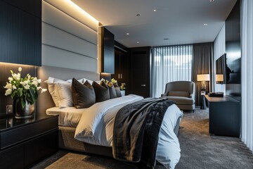 Black Leather Luxury: Contemporary Australian Master Bedroom with Bespoke Furnishings and Detail Lighting