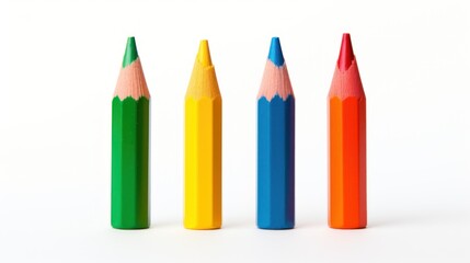  a row of colored pencils sitting next to each other on top of a white surface in front of a white background.