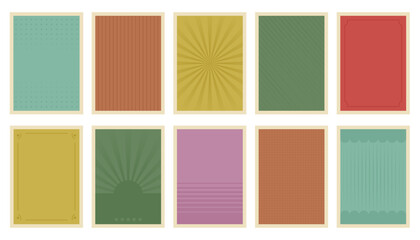 Fototapeta premium Set of retro posters in style of 60s, 80s, 70s. Abstract Trendy hipster brochures with rays of sun, circles, lines. Nostalgia for vintage time. Vector illustration for advertising, banners, invitation