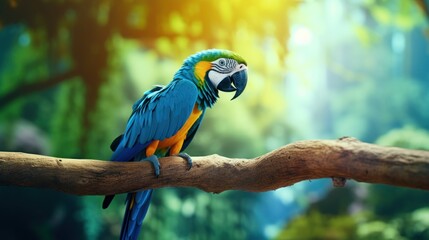  a blue and yellow parrot sitting on a branch in front of a green and yellow forest with lots of trees.