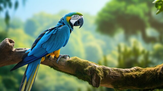  a blue and yellow parrot sitting on a branch in a tree with a green forest in the backgroud.