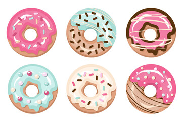 Set of Donuts glazed isolated. Doughnuts with color sugar glaze, and sprinkling. Tasty fried luscious rolls with pink, cream, vanilla, chocolate frosting. Sweet dessert closeup. Vector illustration  - obrazy, fototapety, plakaty