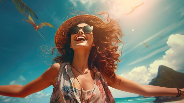 HAPPY YOUNG BEAUTY GIRL WEARING SUNGLASSES OVER OCEAN. VACATION CONCEPT.