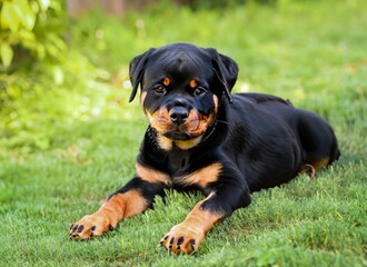 puppy Rottweiler dog in garden , generated by AI - obrazy, fototapety, plakaty