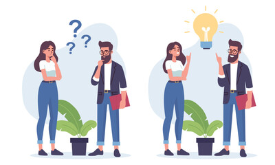 Flat vector illustration. A woman and a man are discussing issues, thinking about making a decision, coming up with an idea. The concept of finding the right solution and idea. Vector illustration - obrazy, fototapety, plakaty
