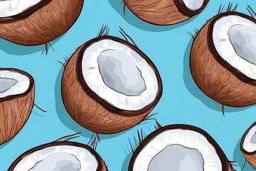 Coconut pattern on blue background with fresh fruits. Half-cut coconut, healthy diet plan and nutrition for a fit body. Illustration. Generative AI