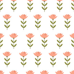 Seamless vector pattern in minimalistic style. Cute pink flowers in naive art. . Vector illustration - obrazy, fototapety, plakaty