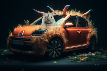 Easter rabbit in a car, generative ai