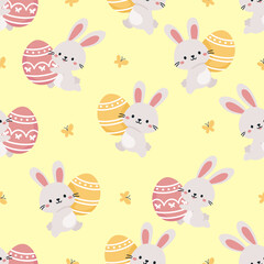 Seamless vector pattern for Easter day. Cute bunny running with Easter egg, butterflies . Vector illustration