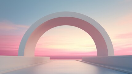  a large arch in the middle of a large body of water with a sunset in the back ground and a pink and blue sky in the background.