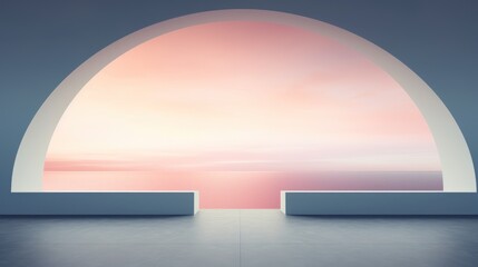  an empty room with a large arch and a view of a sunset over the ocean on the horizon of the ocean.