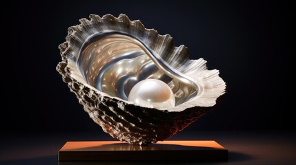 Fototapeta premium a seashell with a pearl in it on a wooden stand on a black background with a black background behind it.