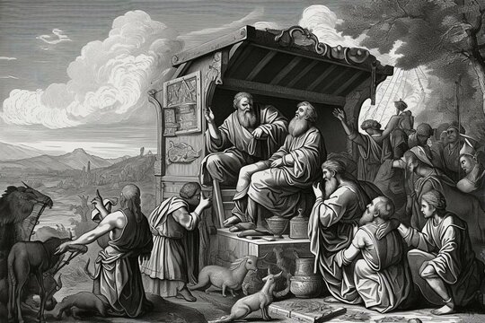 God giving instructions how tho build the ark to Noah and his family, graphic collage from engraving of Nazareene School, published in The Holy Bible, St.Vojtech Publishing, Trnava,. Generative AI