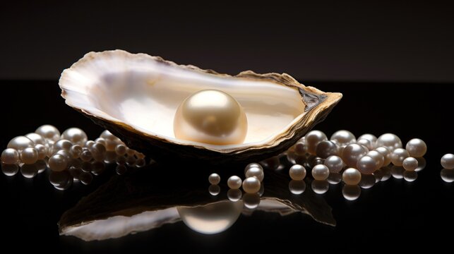 a close up of a pearl in a shell on a black surface with pearls surrounding it and a reflection of the pearl in the shell.