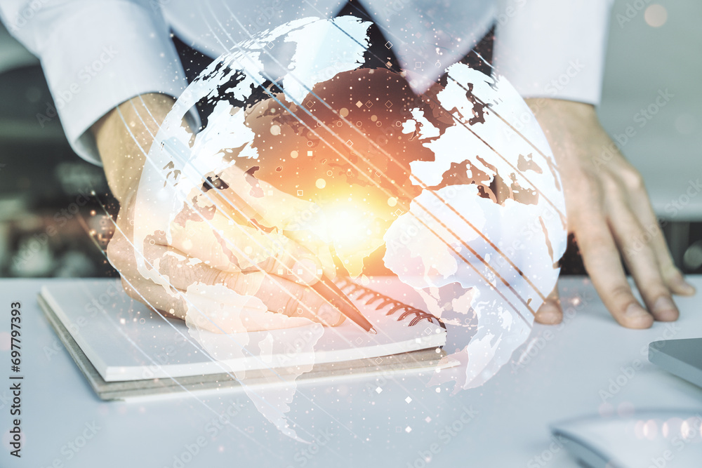 Poster multi exposure of abstract graphic world map and hand writing in notepad on background with laptop, 