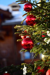 Decorated christmas tree branch with red balls 