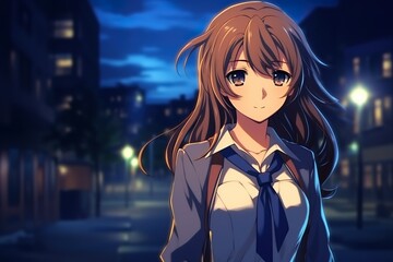 anime girl kawai illustration standing in city 