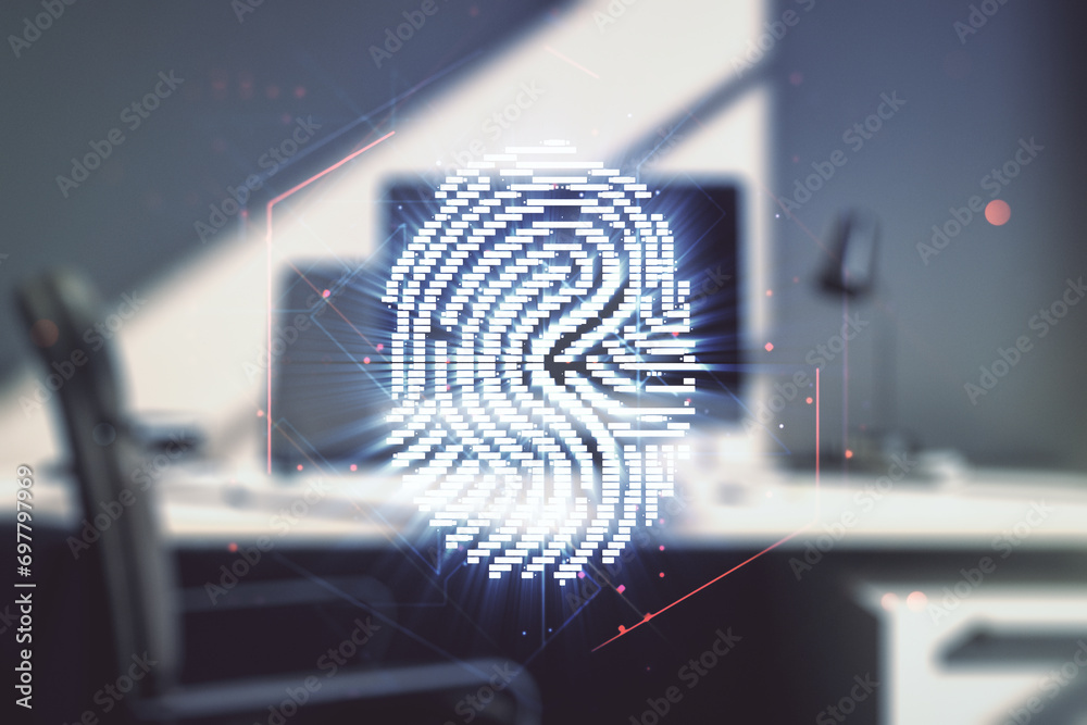 Aufkleber Multi exposure of abstract creative fingerprint illustration and modern desktop with computer on background, digital access concept