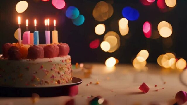 birthday cake with candles and bokeh background