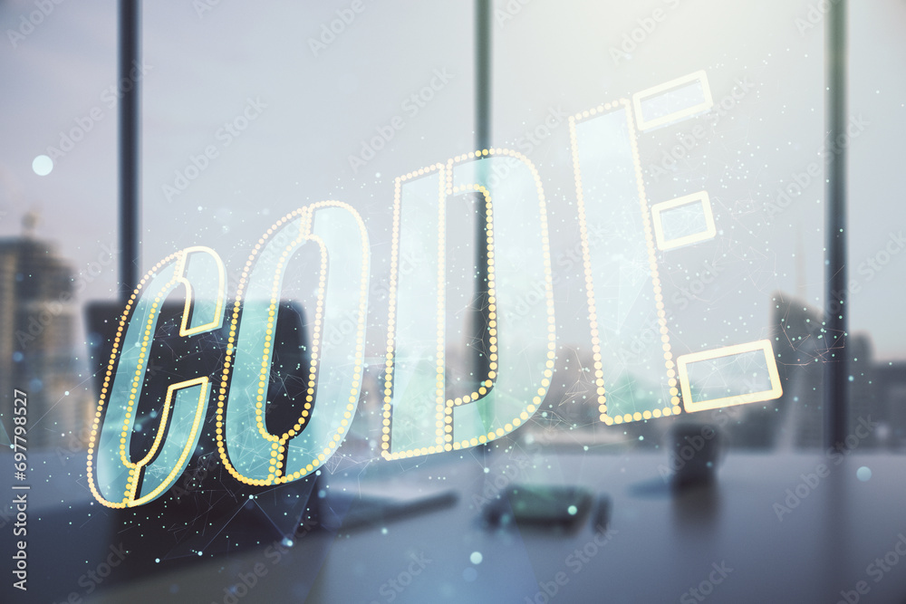 Poster creative code word sign and modern desktop with pc on background, international software development