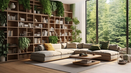 a spacious room with a large eco-style window with indoor plants