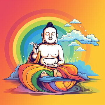a cartoon of a buddha sitting on a rainbow blanket